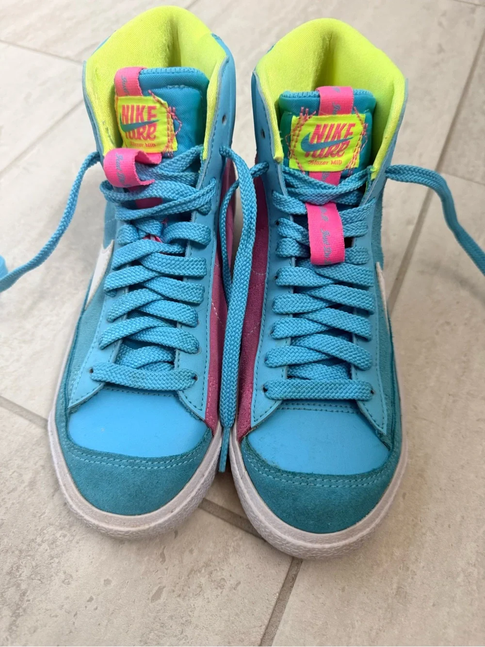 Nike Kids' Mid-Top Sneakers in Blue, Pink & Neon Yellow